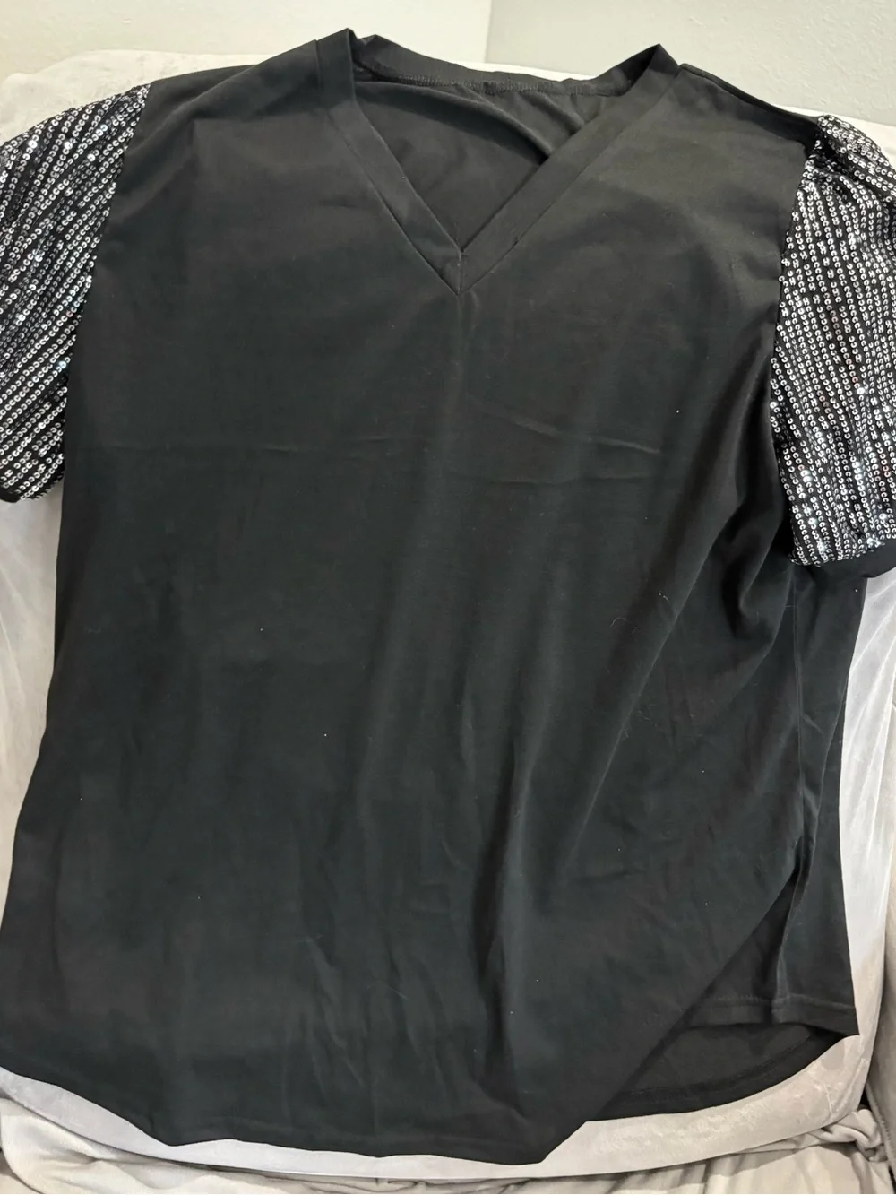 Men's Black V-Neck Shirt with Patterned Short Sleeves